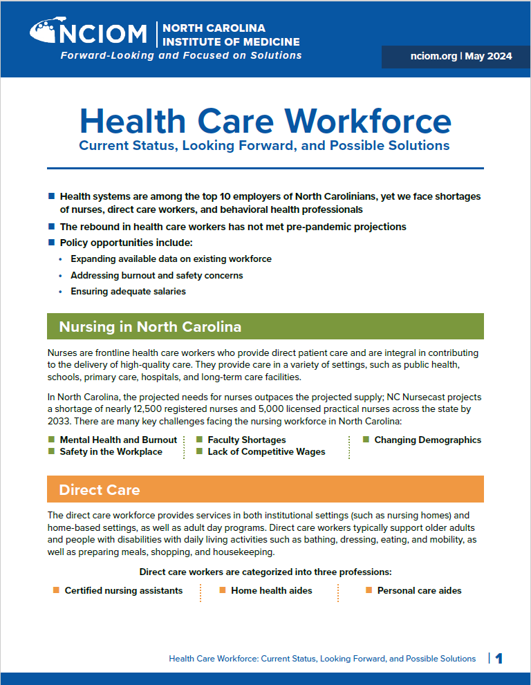 Issue Brief: Health Care Workforce - Current Status, Looking Forward, and Possible Solutions