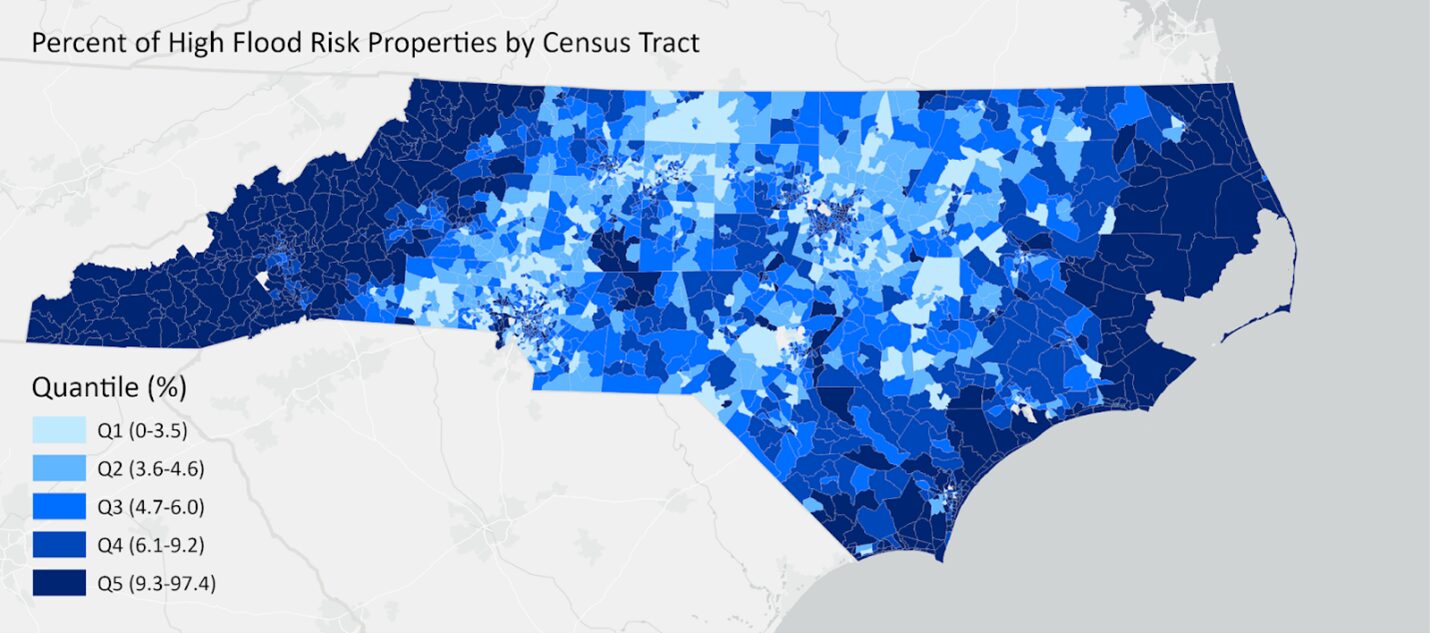 Map of flood risk for North Carolina by census tract based on First Street Foundation’s Flood Factor data