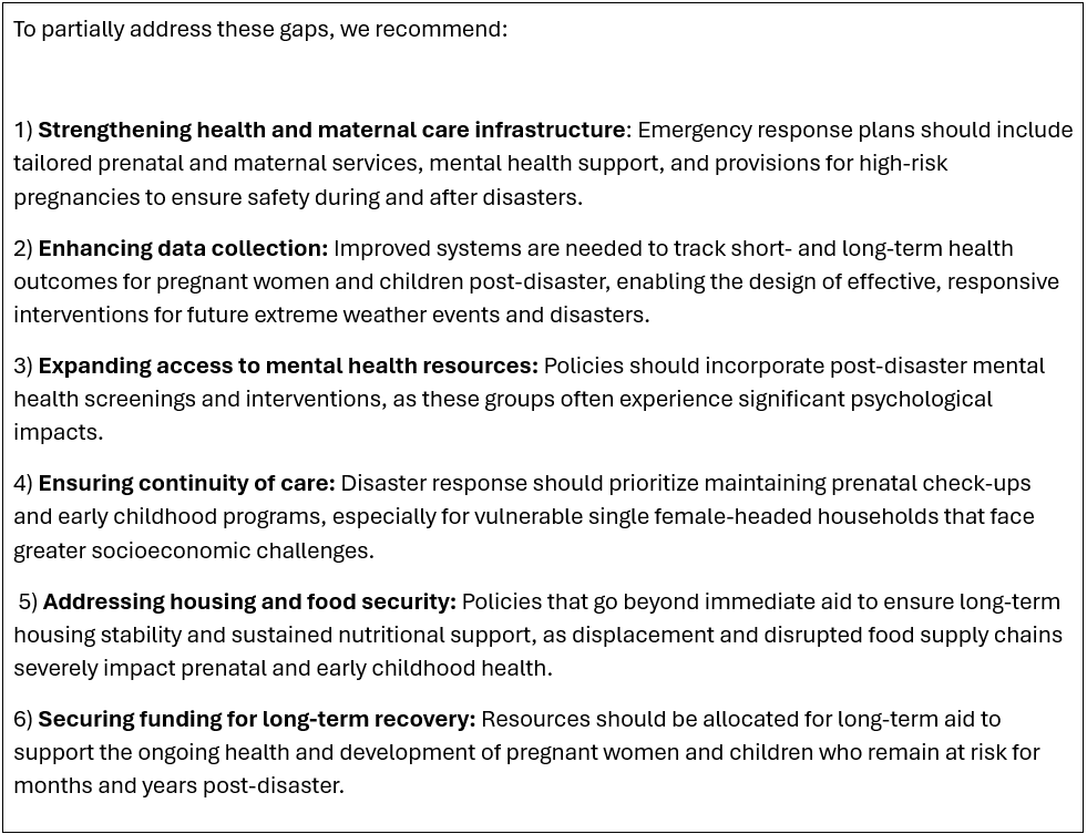 table of policy recommendations to close gaps in maternal health care access in Western NC