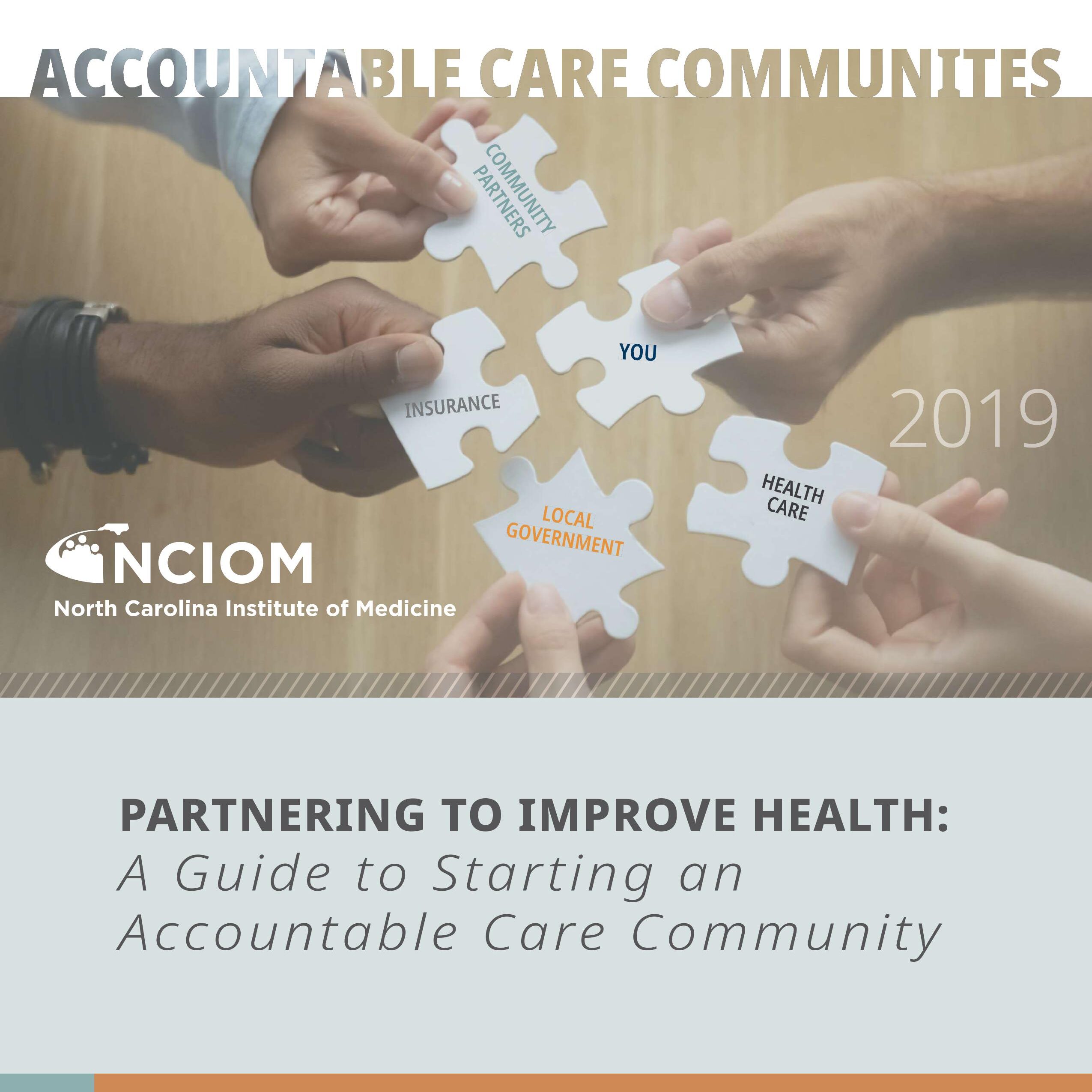 cover of accountable care community guide - partnering to improve health. five hands, each holding a white puzzle piece coming together.