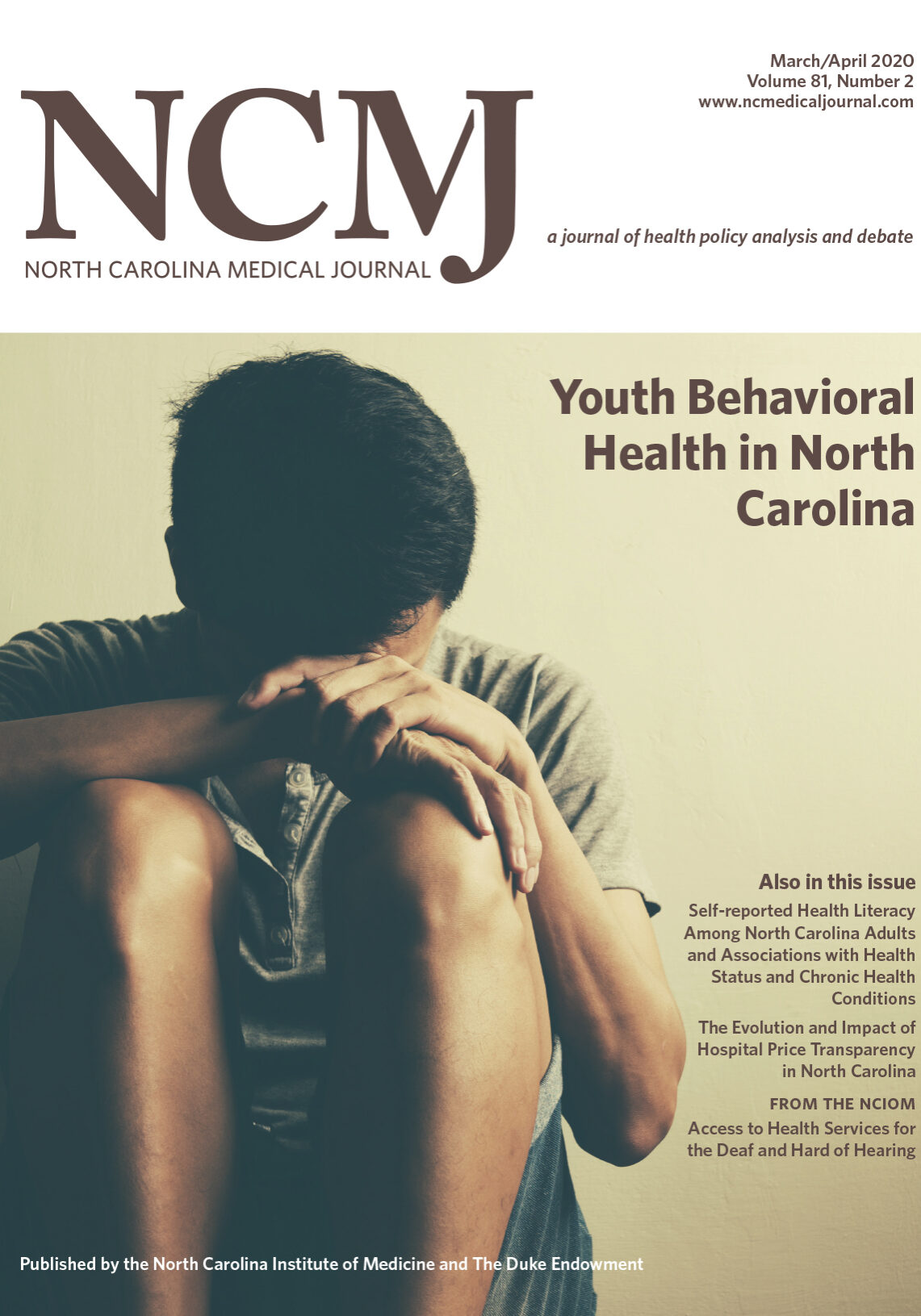 image of the cover of the NC Medical Journal, picturing a young man sitting with his head on his hands, both resting on his knees