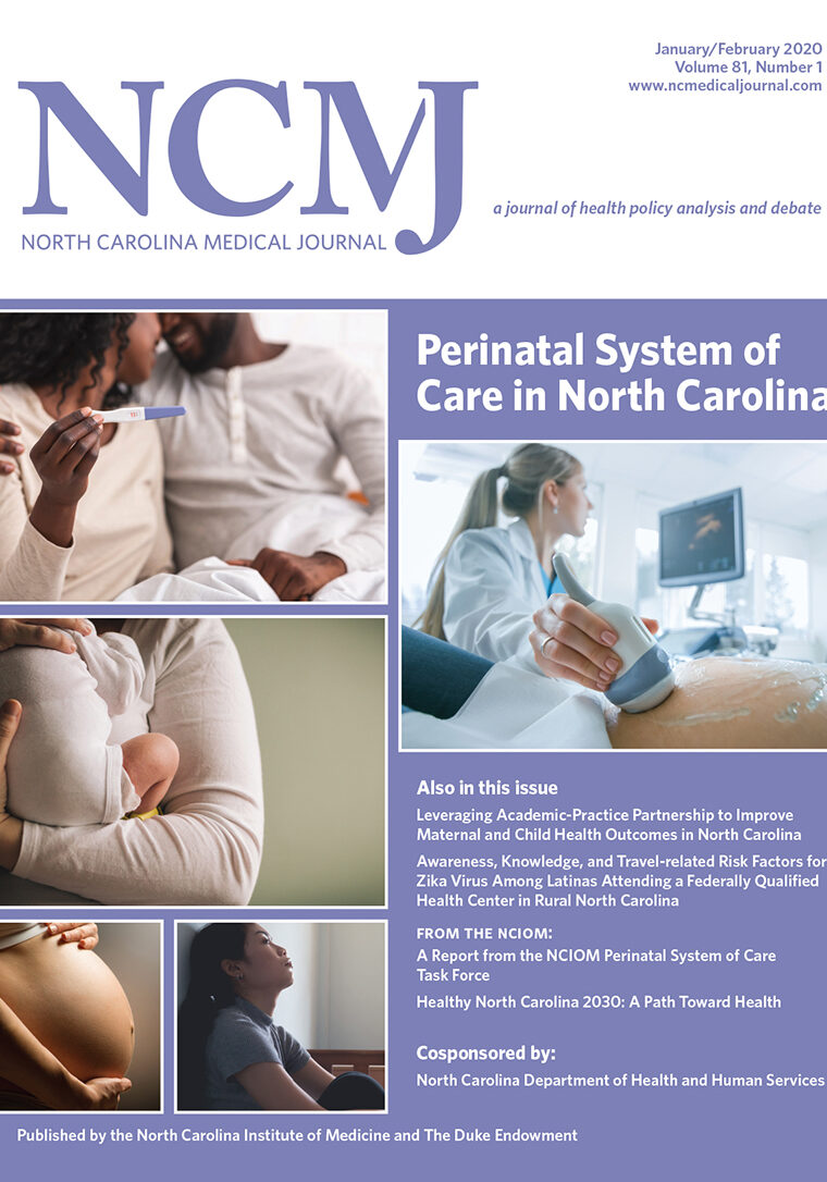 cover of NCMJ with images of people with babies, pregnant bodies, a pregnancy test, an ultrasound in progress, and a person leaning against a wall