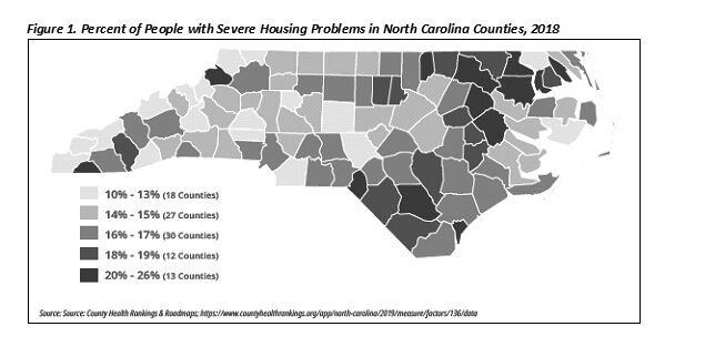 map showing percent of people with severe housing problems in NC counties in 2018